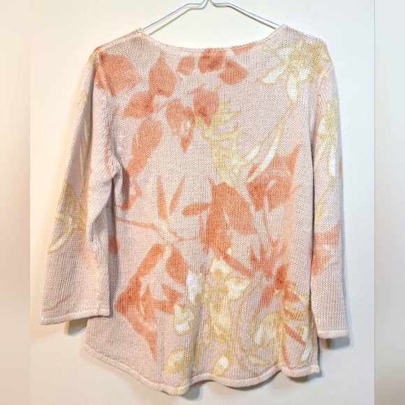 Chico's Fauna Warm Floral Sweater large 3/4 sleeve beige floral linen cotton top - Picture 7 of 7